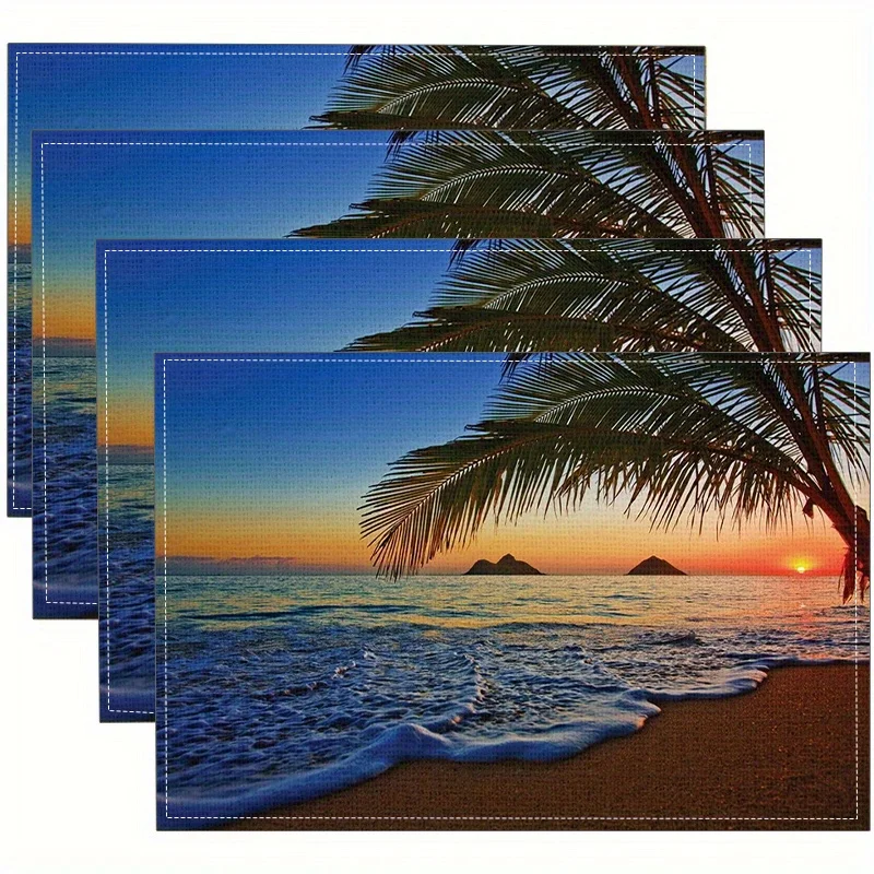 4pcs Fashion Sunset Beach Coconut Tree Print Placemats Washable Placemats / Heat Resistant Table Mats Tabletop Protection Home