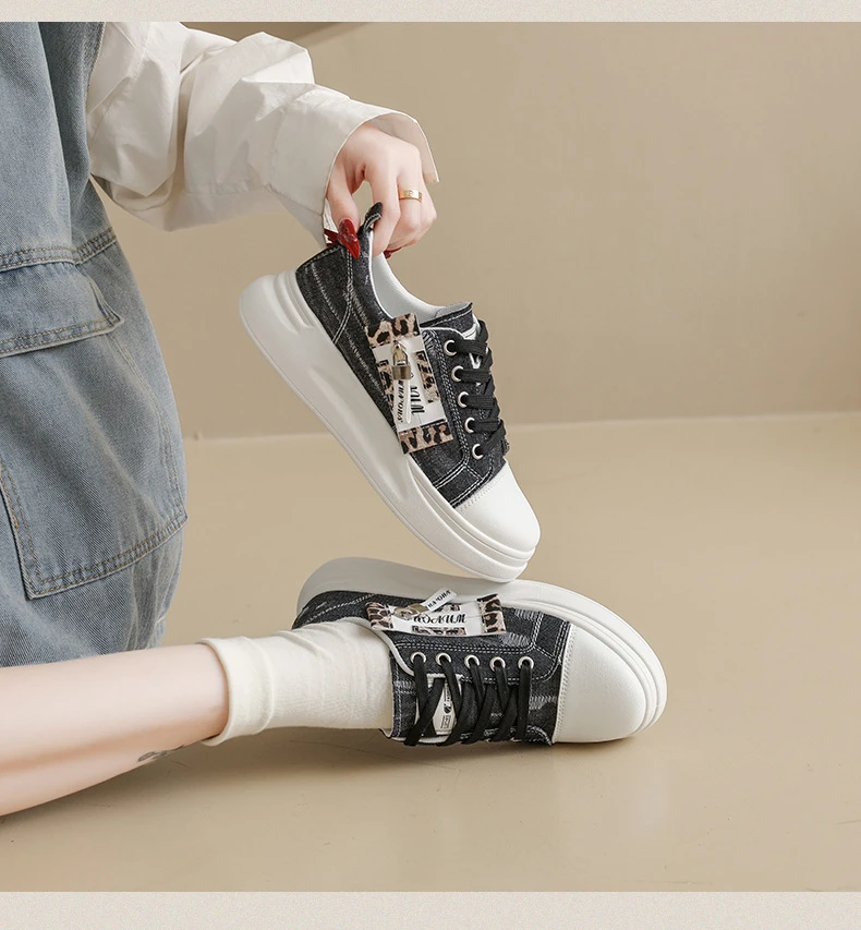 Neue Hip-Hop-Style Denim-Canvas-Schuhe Größe 43 Damen-Plimsolls mit Leoparden-Detail Niedrige Sneakers Damen Mode Freizeittrainer Turnschuhe – Detail 19