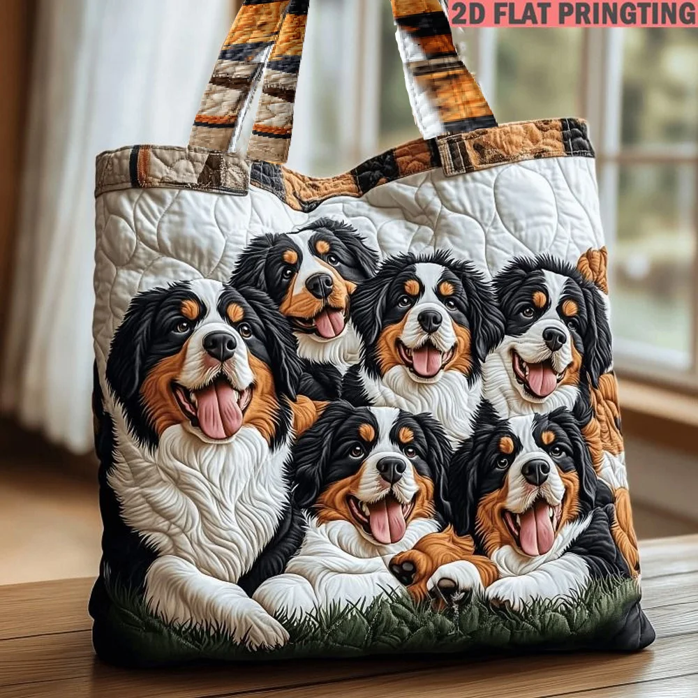 1pc Women's Quilted Tote Bag, 2D Flat Print Bernese Mountain Dogs Pattern Print Multi-Functional Large Capacity Quilted Bag
