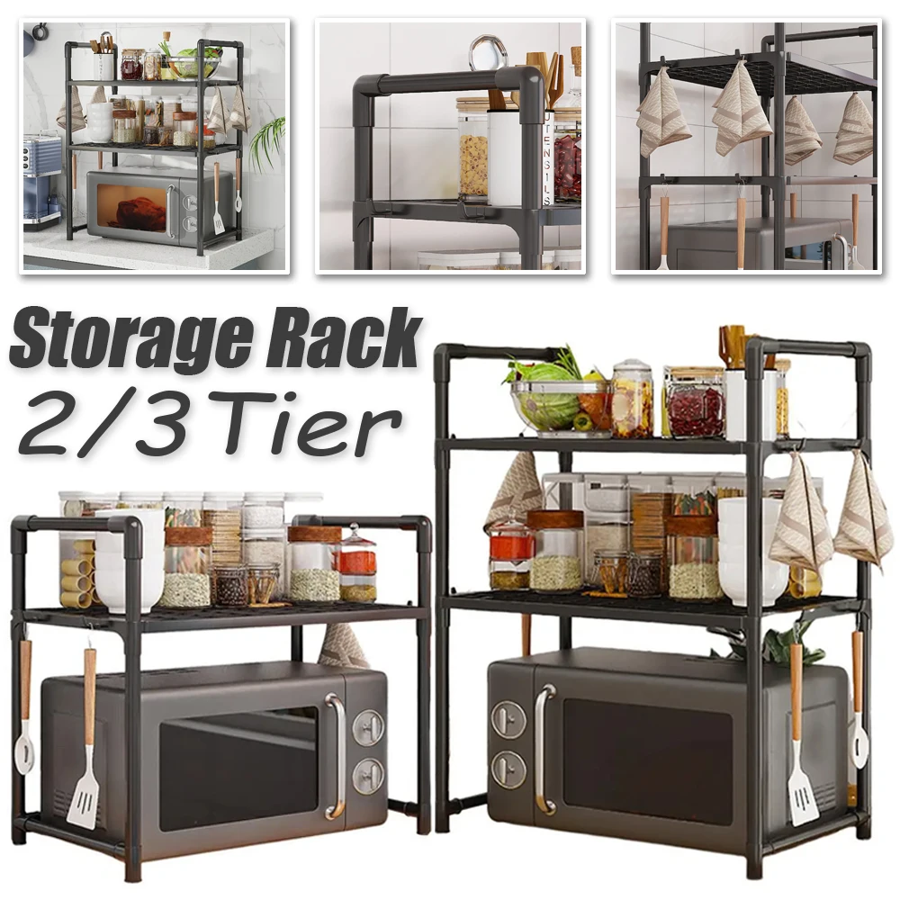 

Kitchen Storage Rack Organizer Shelf for Microwave Oven Toaster Spice Bottles with Hooks Adjustable Stand for Home Dining Room