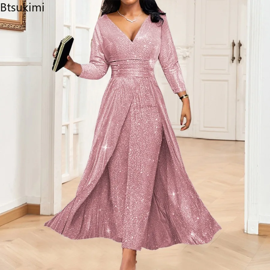 2026 Women's Sequins Elegant Evening Dresses Luxury V-Neck Slim Long Sleeve High Split Tiered Big Hem Wedding Dating Jumpsuits