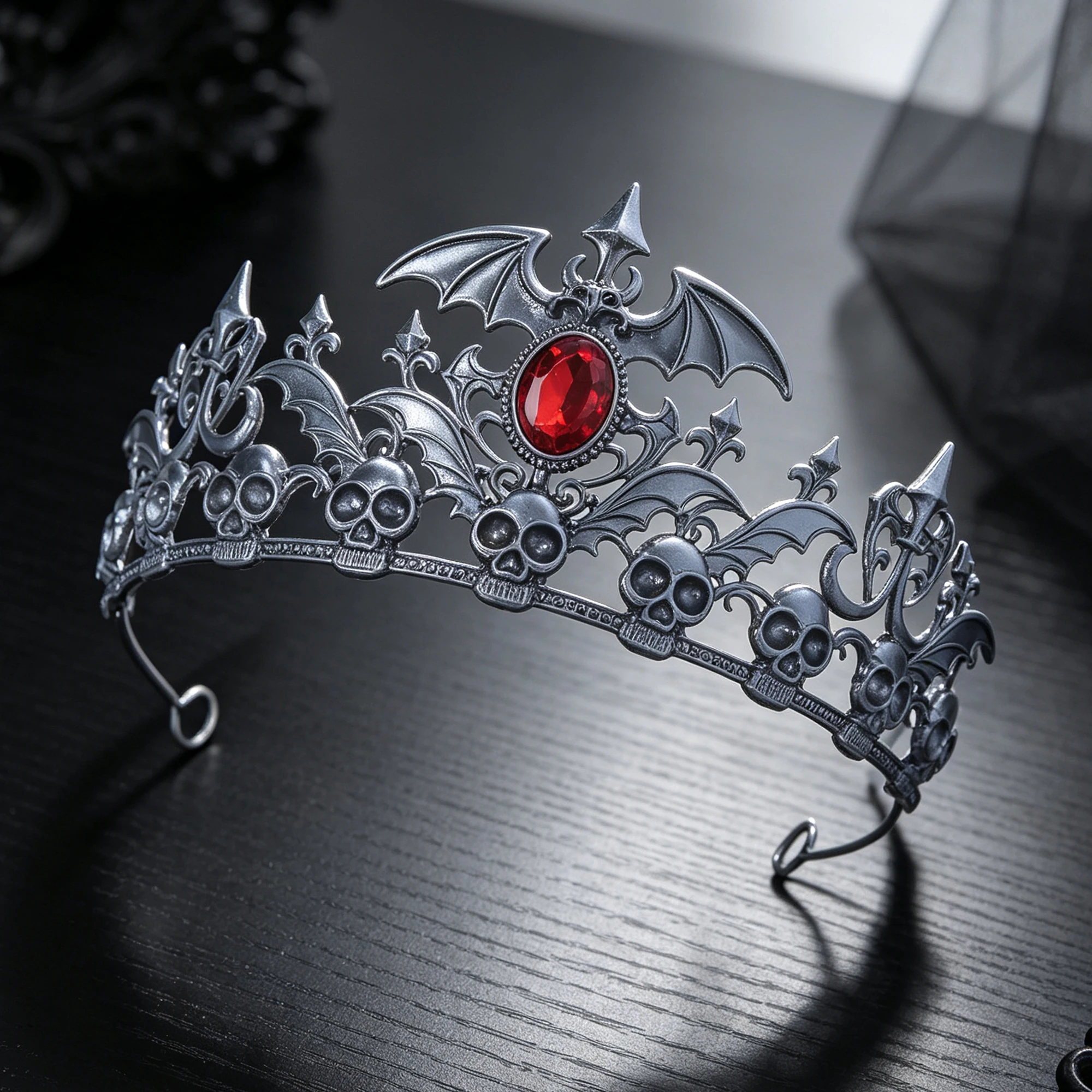 Antique Silver Skull Bat Tiara - Halloween Skeleton Decoration 评论和价格