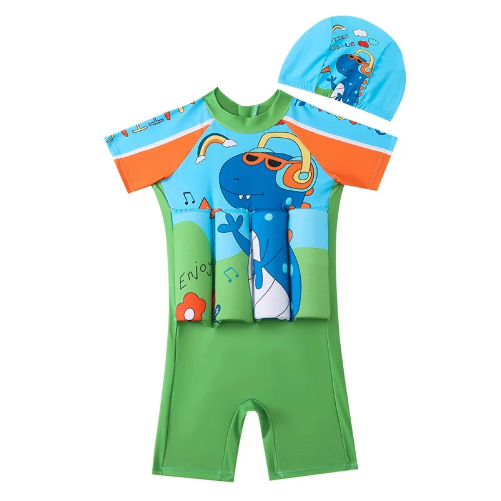 Children\'s Buoyancy Swimsuit 2024 New Boy One-piece Green Cartoon Animal Dinosaur Short-sleeved Quick-drying