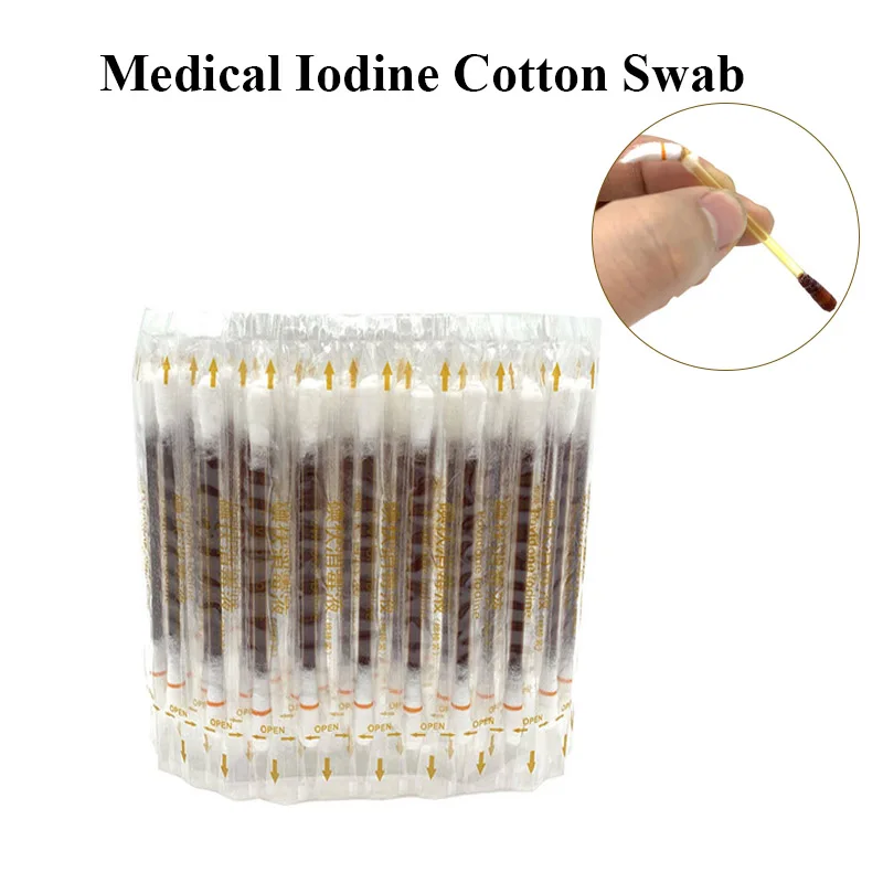 100Pcs Disposable Medical Iodine Cotton Swab Sticks Liquid Iodophor Disinfectant Cotton Swab Home Outdoor Emergency First Aid