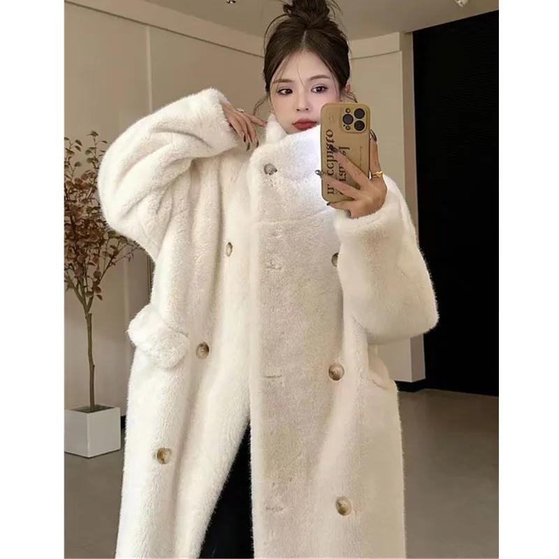 Faux Mink Fur Coat for Women, Double Breasted Jackets,Turn-down Collar Overcoat, Female Clothes, Winter,New