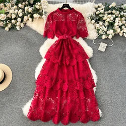 Vintage Elegant Lace HollowTiered Dress Chic  A-line Fashion Chiffon Spring Autumn Short Sleeve Vestidos Women Dresses