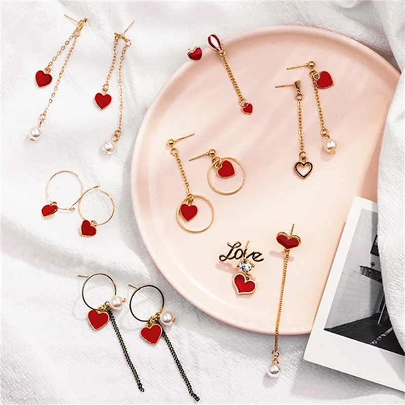 Fashion Red Love Heart Earrings Asymmetry Circle Simulated Pearl Long Chain Earrings For Woman Girl Jewelry Wholesale
