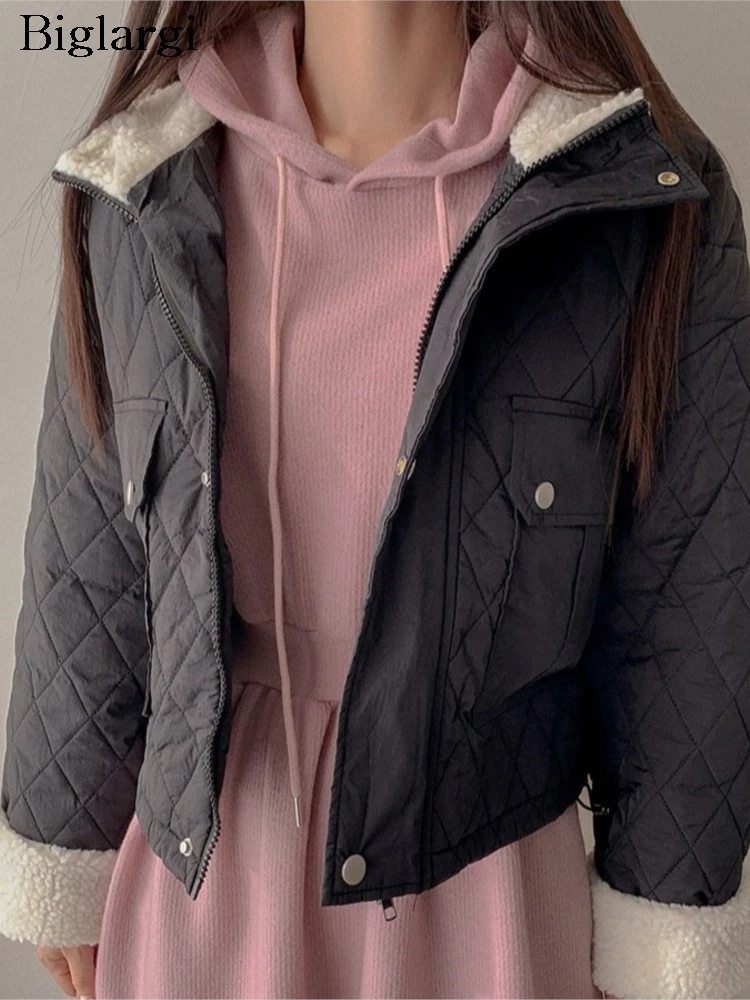

Winter Padded Cotton Lambswool Patchwork Coat Women Korean Style Fashion Cropped Ladies Jackets Casual Loose Woman Coats