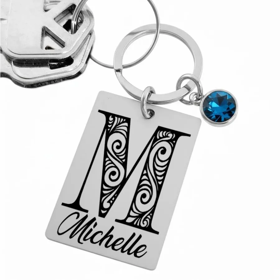 

Custom Initial Keychain with Birthstone, Personalized Name Keychain Personalized, Stainless Steel, Engraved Monogram, Graduatio