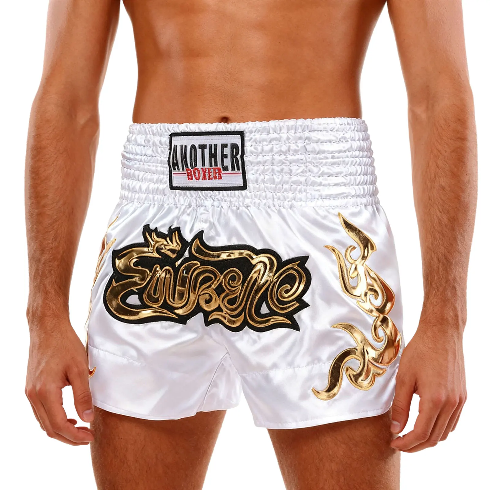 

Men Boxer Training Fitness Mini Shorts Trunks Metallic Letter Side Slit Elastic Wide Waistband Satin Boxing Competition Shorts