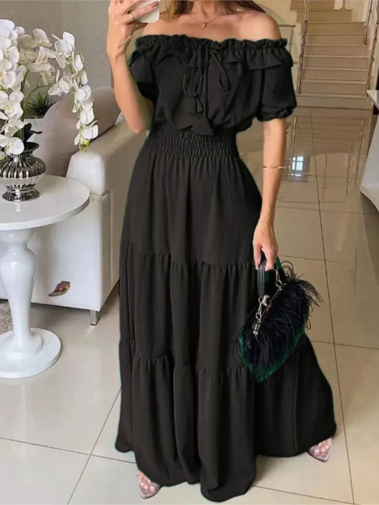 

Women Fashion Elegant Beach Party Dress 2026 Summer New Solid Boho Dress Casual Slash Neck Office Maxi Dresses For Woman Robe