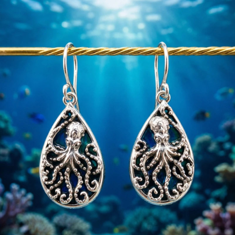 Vintage Gothic Style Octopus Cameo Abalone Shell Textured Dangle Earrings for Women Elegant Personality Banquet Vacation Jewelry