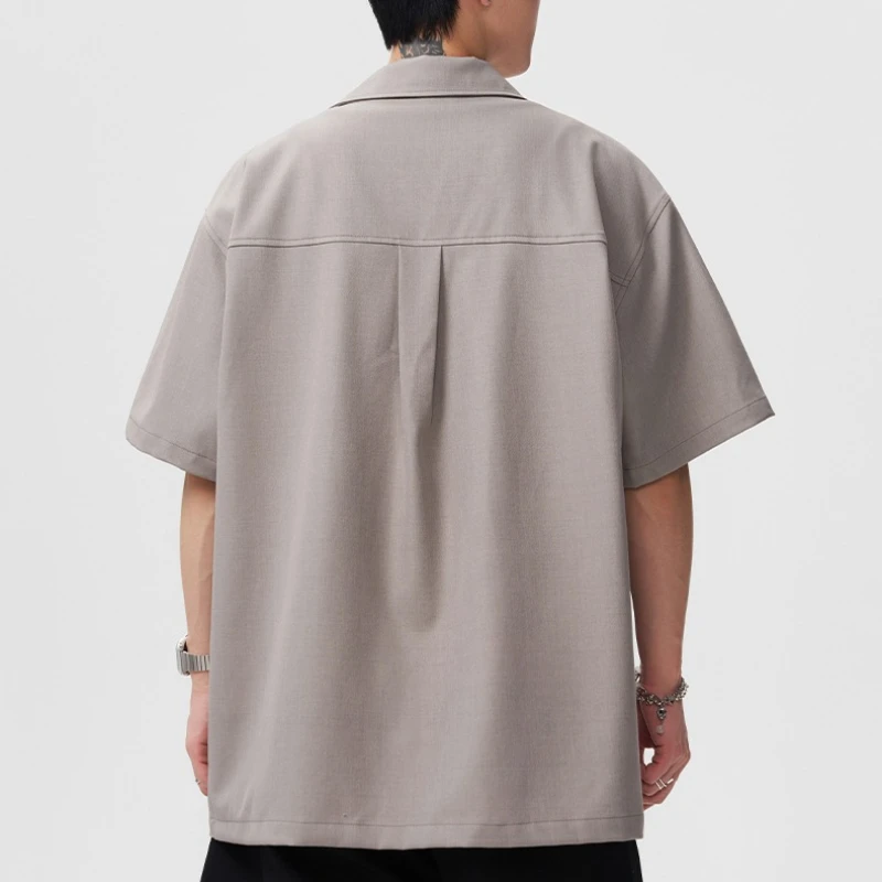 Men's Summer Half Open Short Sleeve Shirt Solid Color Turn-down Collar Loose Casual Jacket Motorcycle Style Streetwear Top