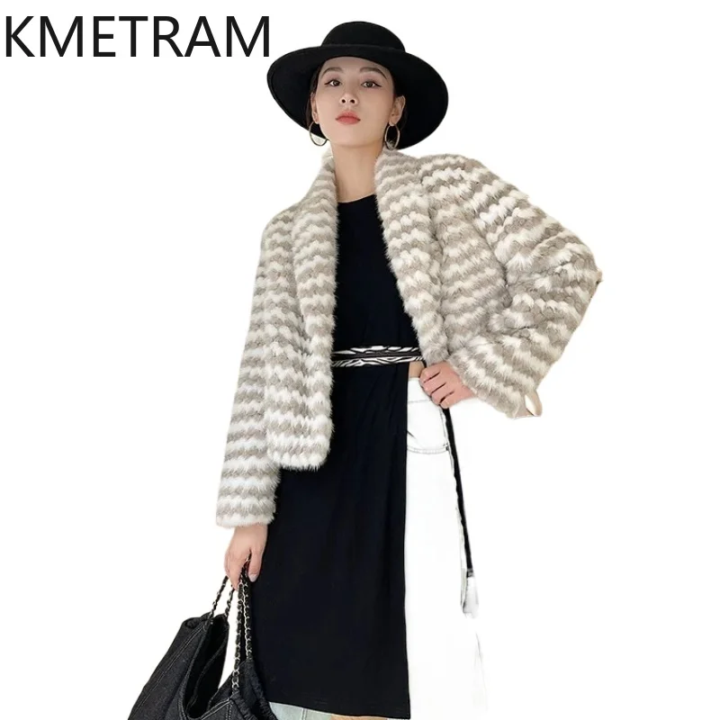 

KMETRAM Women's Real Mink Fur Coat New Fashion Striped Short Fur Jacket Winter Luxury Outerwear Woman Clothing 2026 casaco pelo