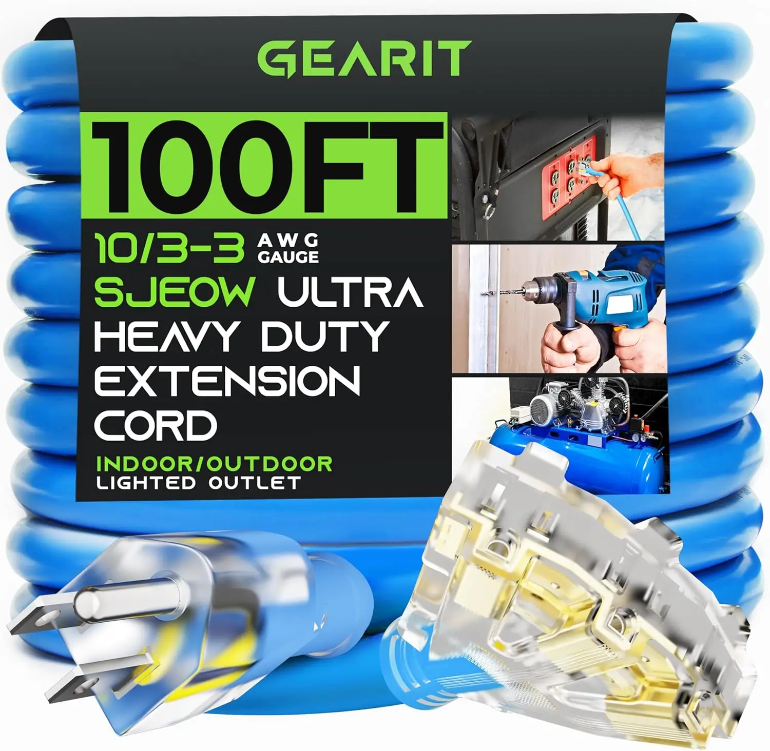 Extension Cord 100 Feet 10/3-3 Triple Outlet Ultra Heavy Duty Weather Outdoor/Indoor - 10 Gauge 3 Prong, LE