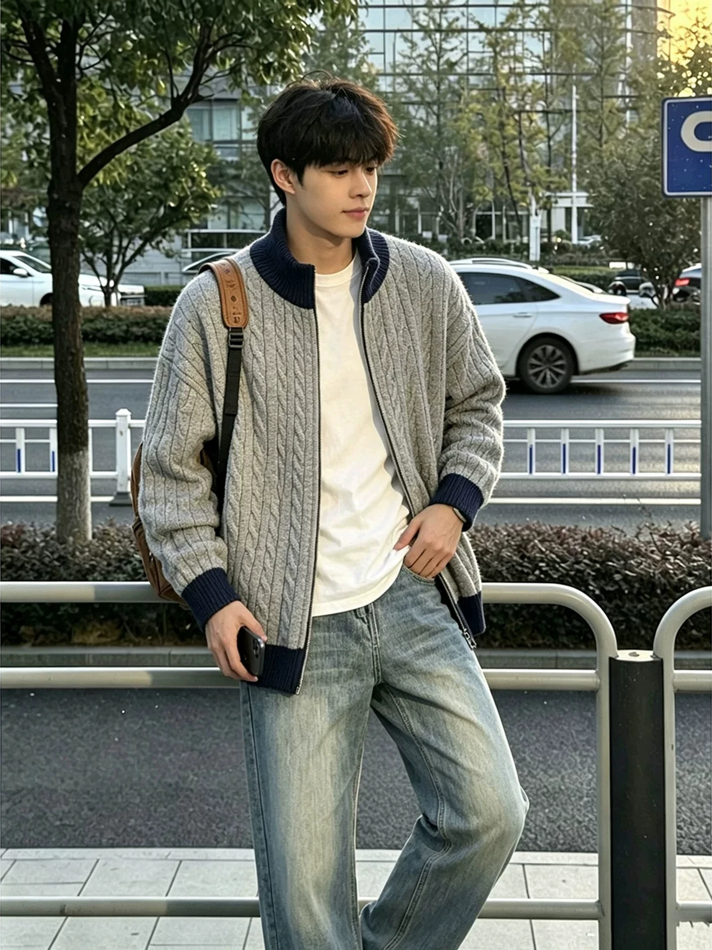 Zippered Open Cardigan High Neck Men's Loose Knitted Sweater Autumn Winter Warm Vintage American Lazy Style Twist Pattern