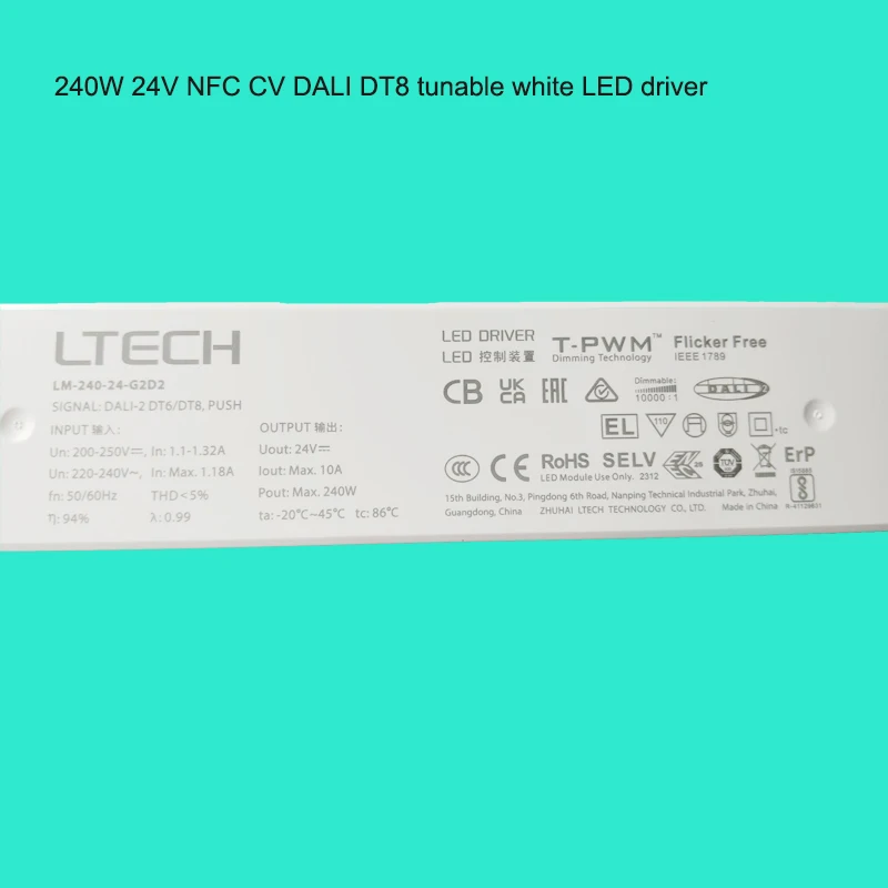 LTECH New DALI Led Dimming Driver;AC200-240V Input;240W 24V DT8 Constant Voltage NFC Push Dim CCT Tunable White LED Driver