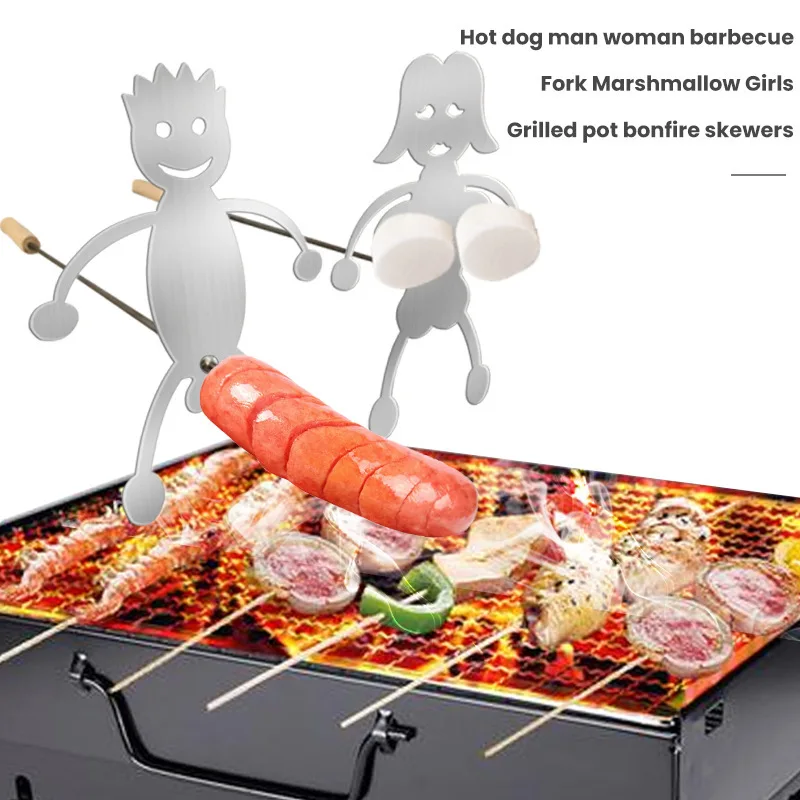 

2Pcs /Set Hotdog Boy Roaster Rack BBQ Boy Girl Roaster Cooker Funny Sausage Roaster Metal Grilled Bonfire Skewers Kitchen Gadget