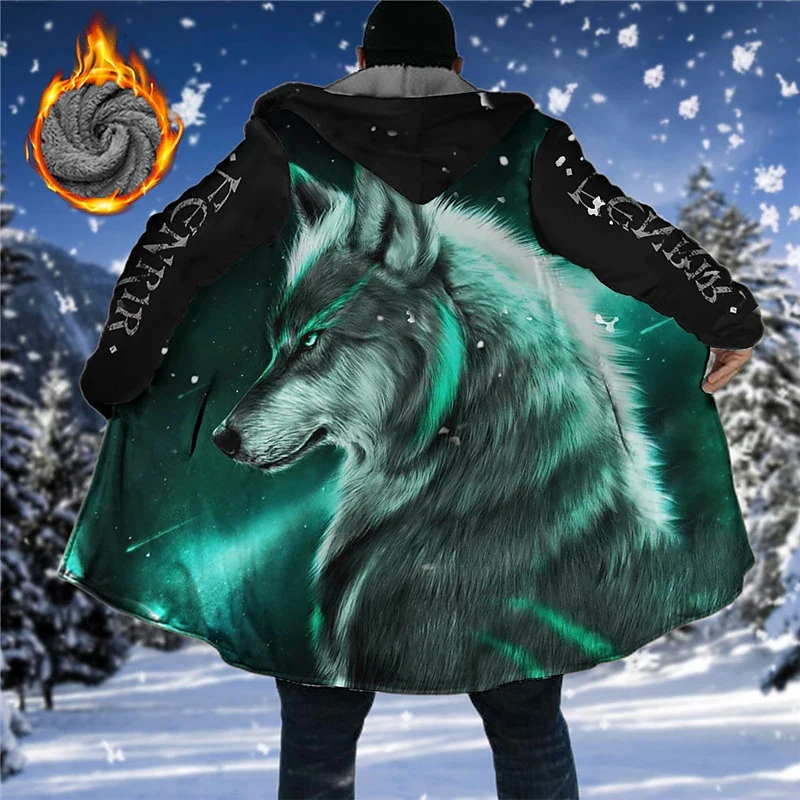 Men\'s Winter Long Jackets Padding Fleeced Coats Windbreaker Wolf Fenrir Print Warm Male Parkas Zip-up Hoodies Daily Outerwear