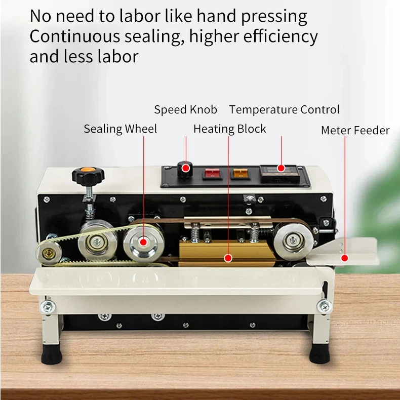 

FR-400 Continuous Bag Sealing Machine Plastic Bag Packaging Band Sealing Machine Horizontal Bag Sealer Date Printing