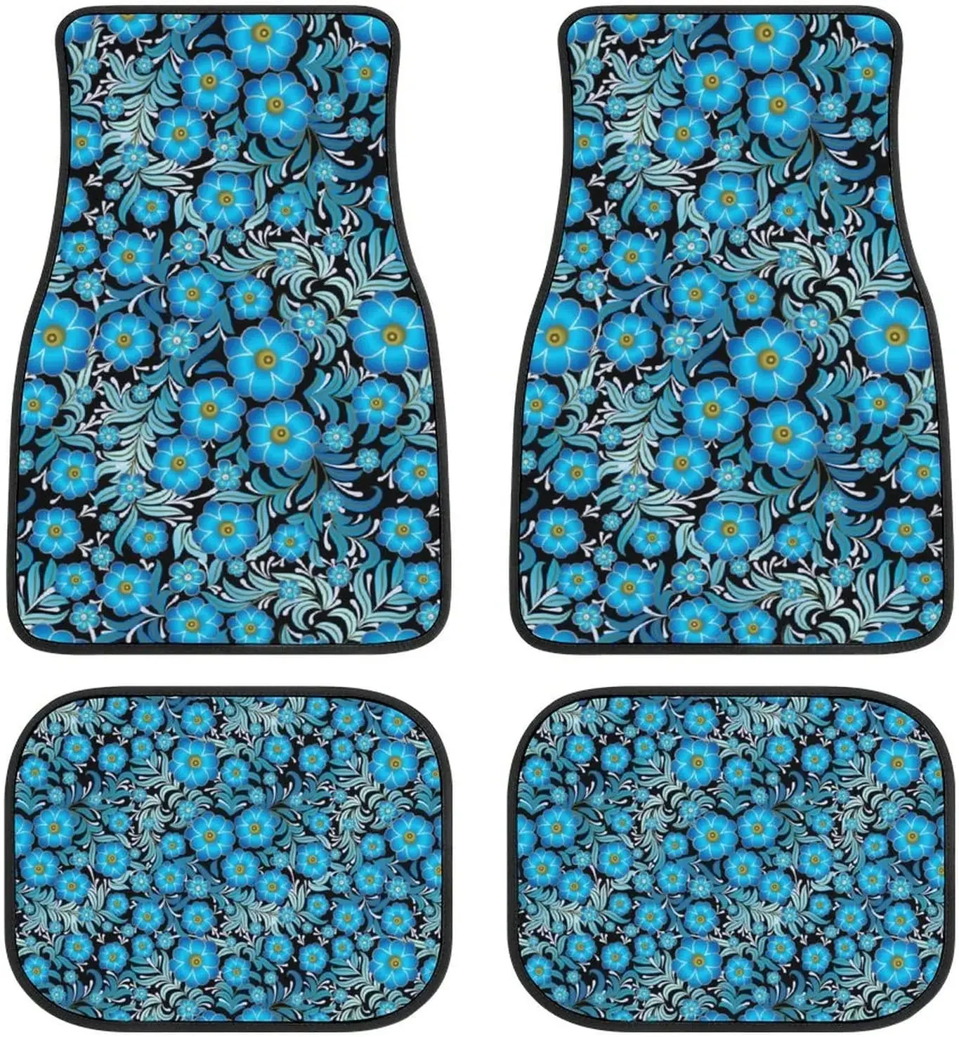 Car Floor Mat 4 Piece Sets Blue Flower Universal All Weather Waterproof Driver Heel Pad Protector-Full Set Front & Rear Carpet F