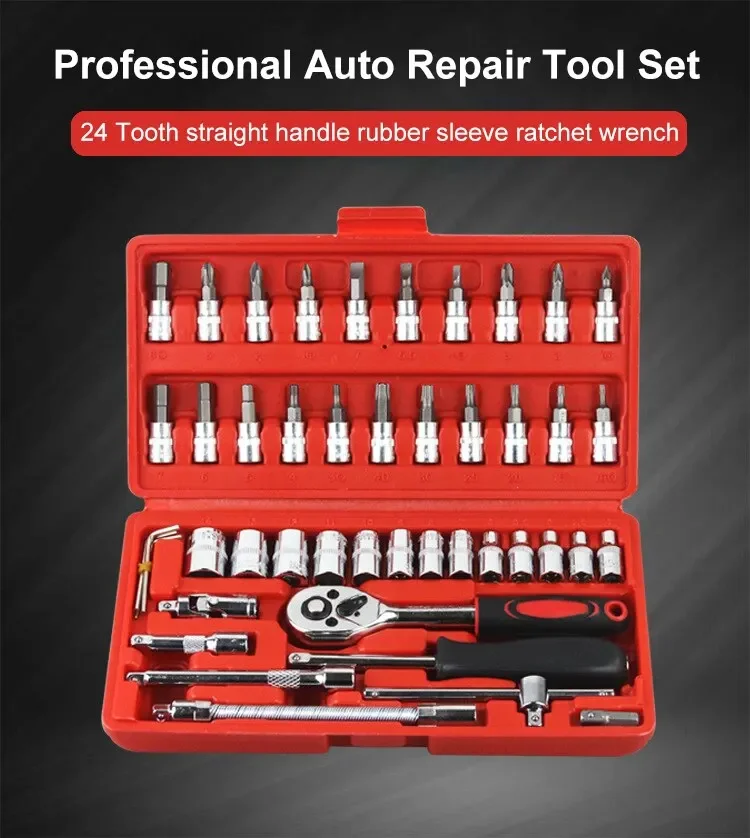 46-teiliger Auto-Wartungs-Ratschenschlüssel-Werkzeugkasten, Haushalts- und Fahrzeugmontiertes Steckschlüssel-Reparaturset, Mehrzweck-Handwerkzeuge für Reparaturarbeiten – Detail 2