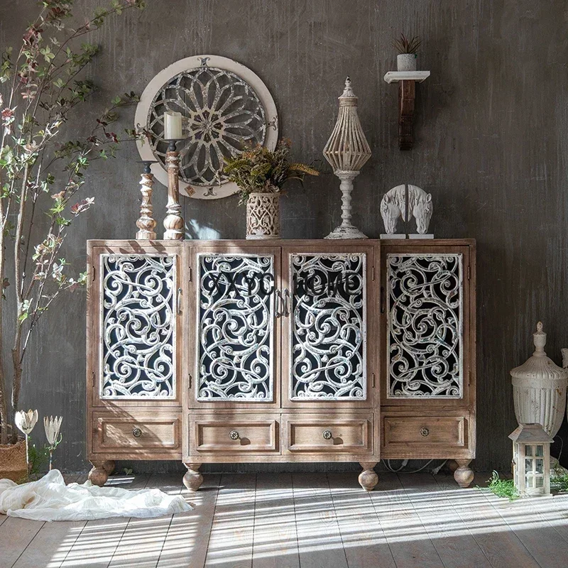 Distressed Retro Cabinet Bed & Breakfast Furniture Living Room Curio Cabinet Carved Sideboard Cabinet