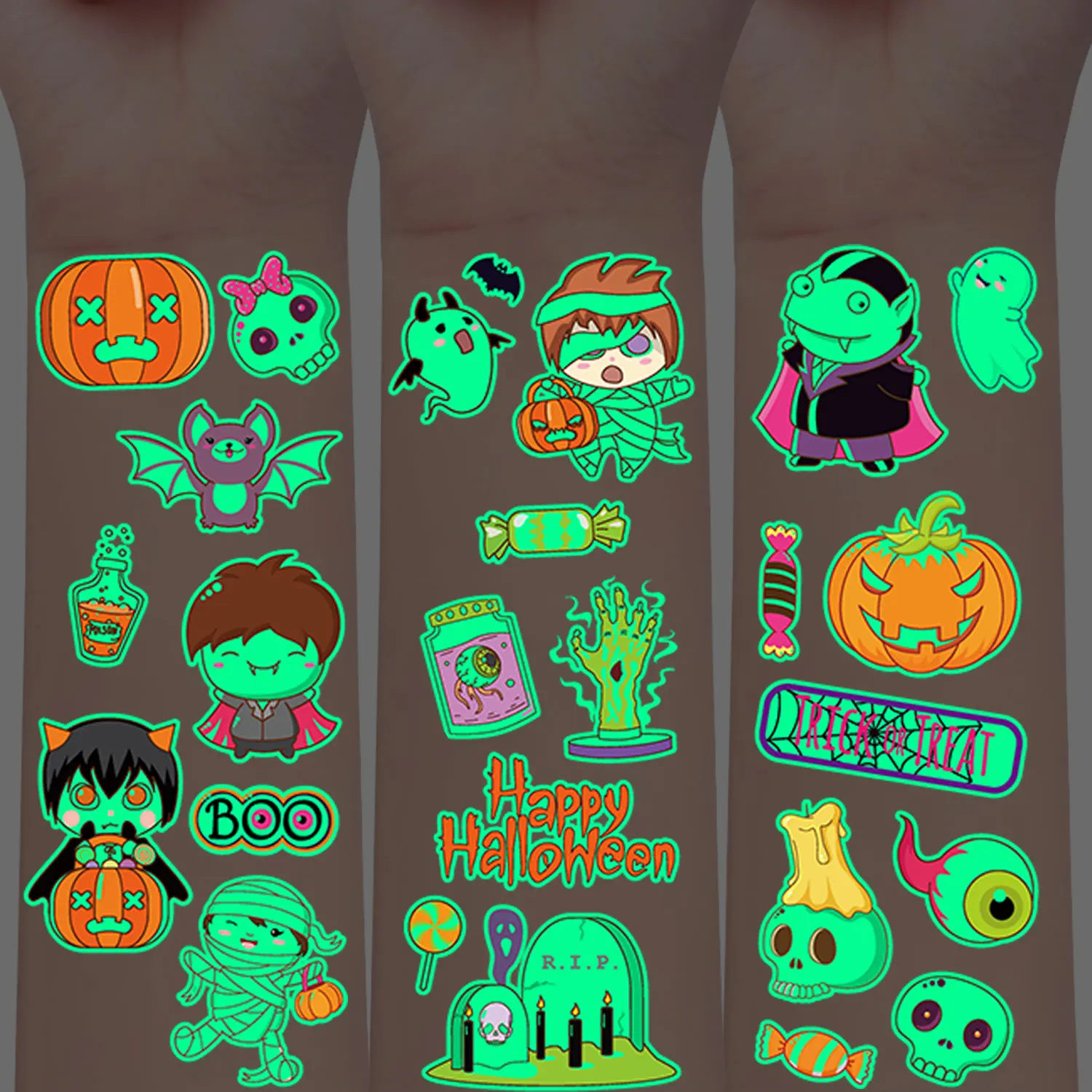 10 Sheets - 125 Types of Cartoon Vampire, Skeleton, Zombie, Ghost, Pumpkin, Bat Halloween Series Patterns, Glow-In-The-Dark Temporary Tattoos, Halloween Party Role-Playing Body Decorations, Waterproof Realistic Tattoo Stickers
