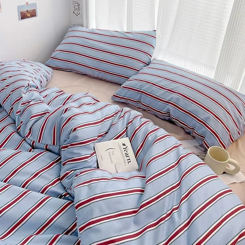 

Full Sizes Stripe Printed Comforter Bedding Sets 100% Polyester Soft Bed Sheet Pillowcases Duvet Cover Bedspread for Bedroom