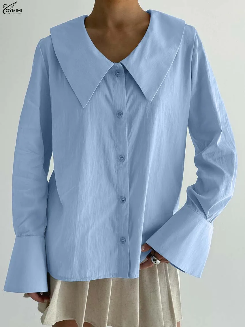 

Oymimi Elegant Blue Cotton Woman Blouses Fashion Turn-Down Collar Long Sleeve Shirts Autumn Single Breasted Simple Shirts Female