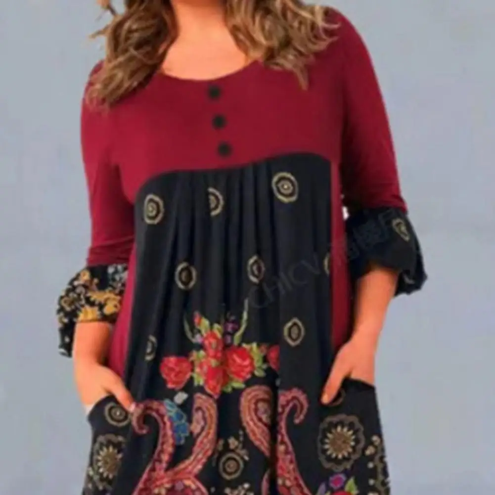 Elegant Women Dress Flower Retro Ethnic Print A-line Big Swing Long Sleeve Mid-calf Loose Pleared Midi Dress