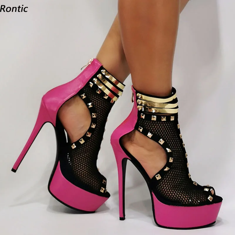 

Rontic 2022 Handmade Women Summer Sandals Studs Stiletto Heels Peep Toe Beautiful Fuchsia Red Party Shoes Ladies US Size 5-20