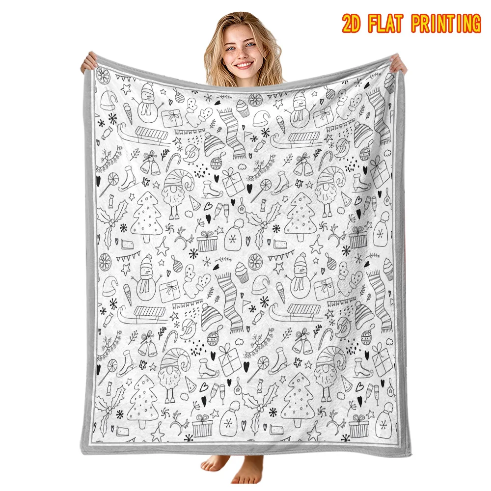 Xmas Doodle Throw Blanket Winter Snowman Gift Elf Tree Sketch Print Soft Flannel for Living Room Couch Kids DIY Decor Gift