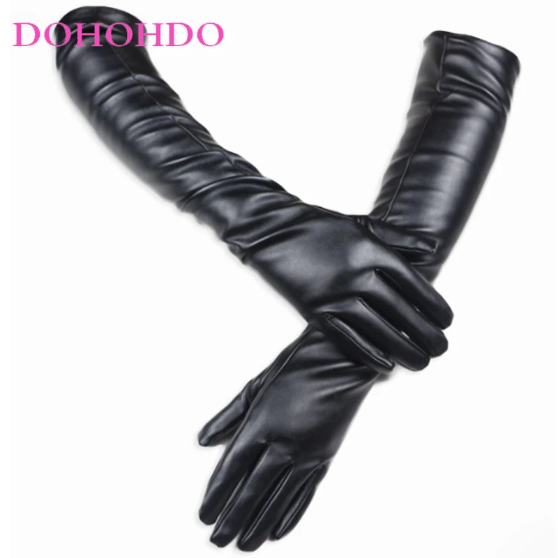 

50CM Leather Gloves Touch Screen Black Gloves Lengthened Ladies Faux Leather Lengthened Design Warm PU Gloves Guantes Para Motos