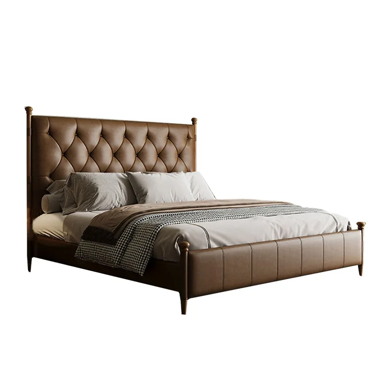 

Medieval retro solid wood leather bed French light luxury master bedroom queen bed American high-end atmospheric double soft