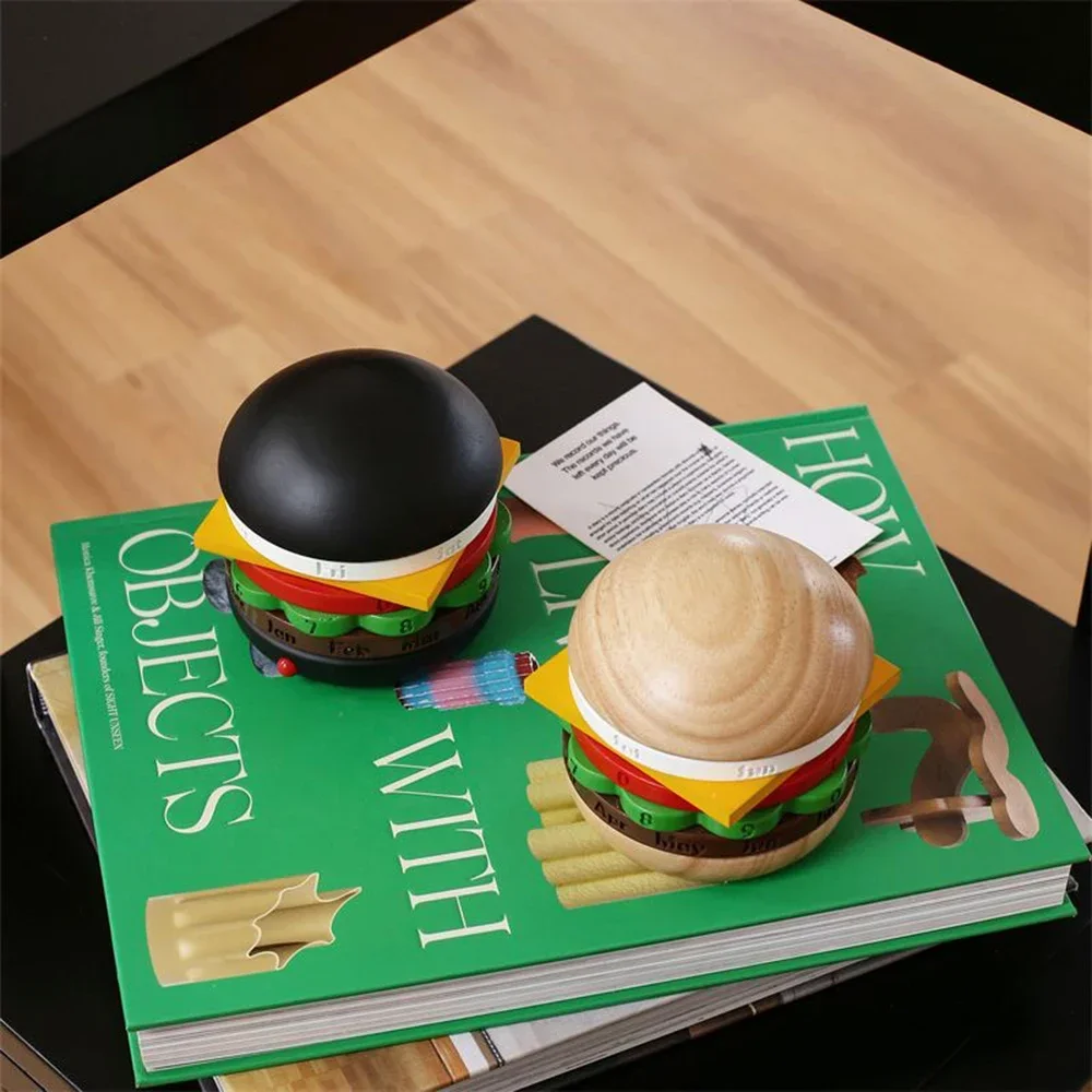 Burger Shape Calendar Solid Wood Home Decor Spinning Calendar Table Decoration Matching Gift Perpetual Desk Calendar