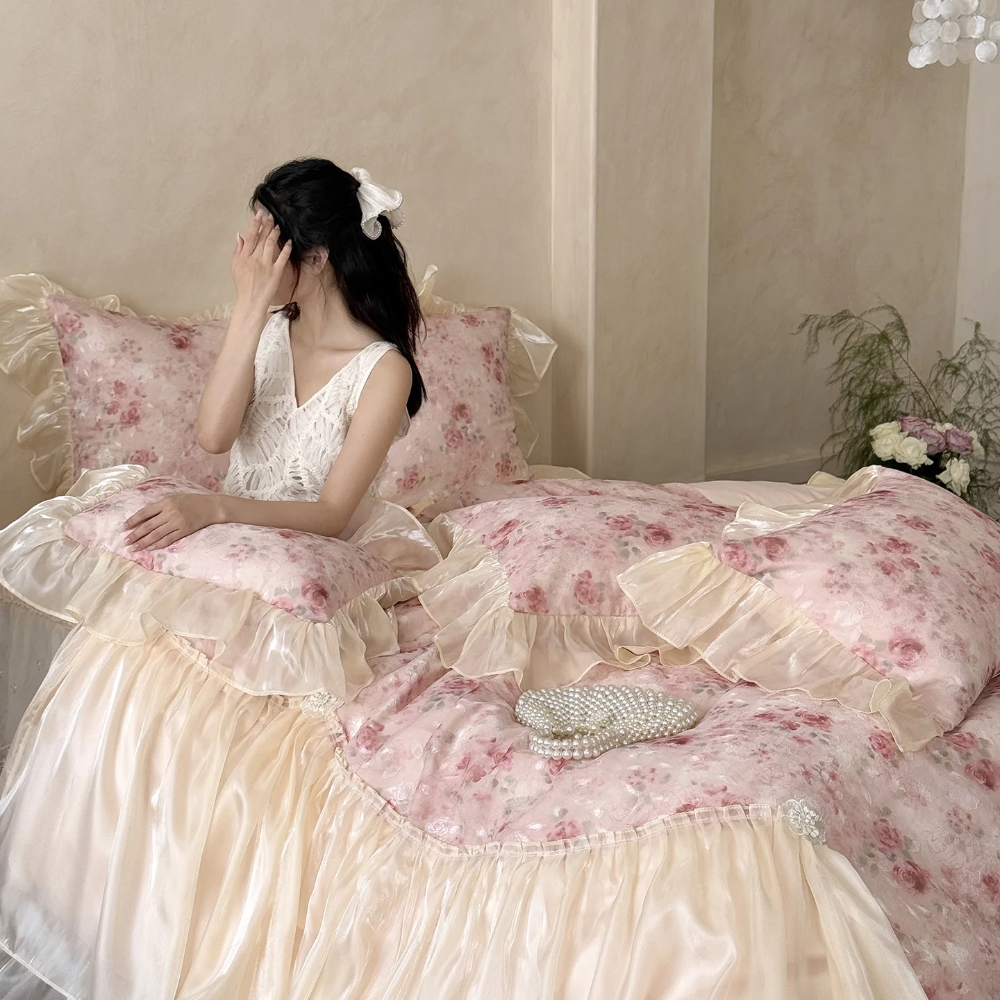 

French Style Bedskirt Bedding Set 4PCS, Princess Crystal Sheer Lace & Rose Floral Duvet Cover, 100% Cotton Quilted Bedspread Set