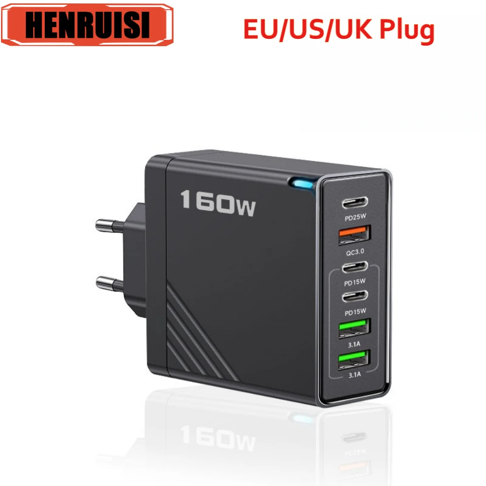 

160W 6 in 1 USB Charger Quick Charging Fast Wall Adapter For iPhone 16 15 Pro Samsung Xiaomi Huawei Type C Mobile Phone Charger
