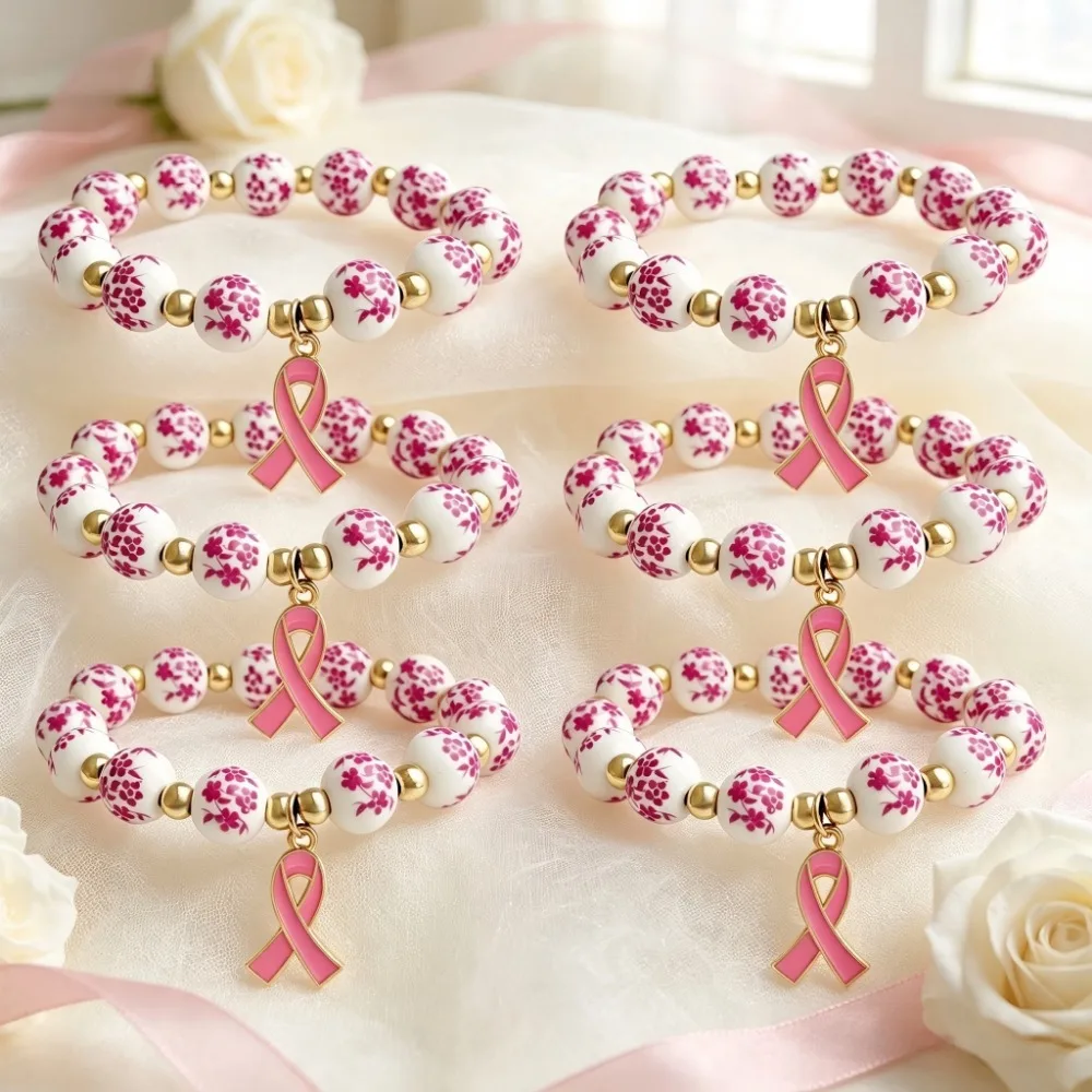 2/4/8 Pcs Breast Cancer Awareness Beaded Bracelet Pink Ribbon Charm White Floral Bead Stretch Bracelet Hope Survivor Favor Gift