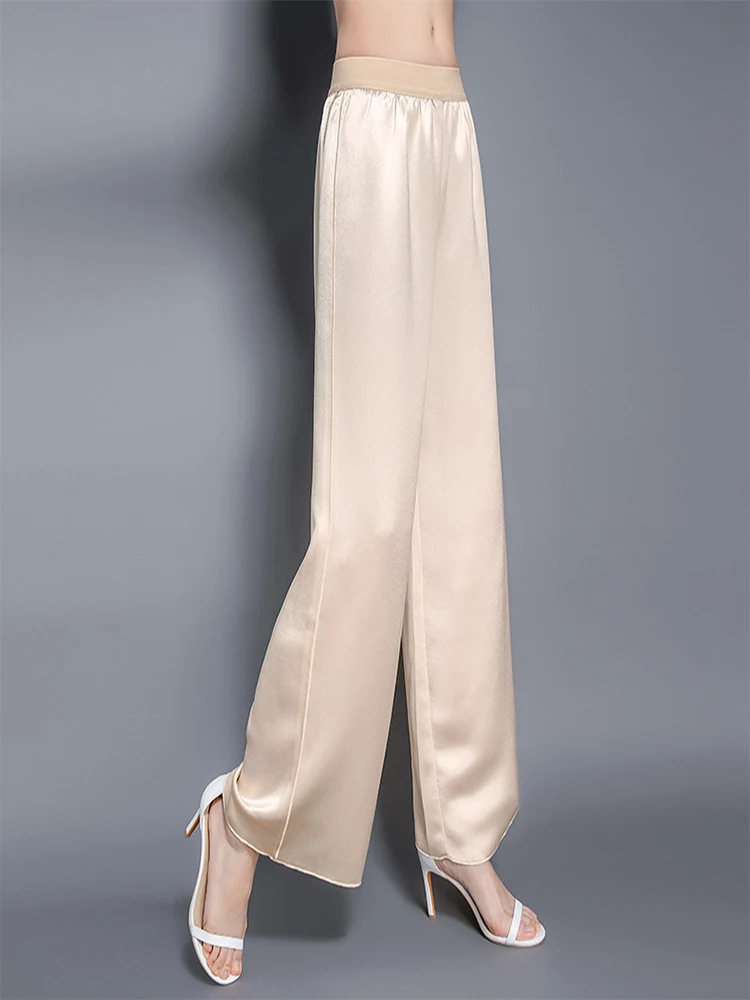 Birdtree 2023 95%Mulberry Silk Pant Korean Loose Wide-legged Real Silk Pants for Women Elastic Waist Casual Trousers B37004QD