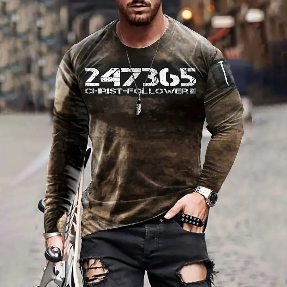 

Men's Creative Letter Printed T-shirt Men's Fashion Street Daily Crewneck Top Spring And Autumn New Casual Loose Long Sleeves