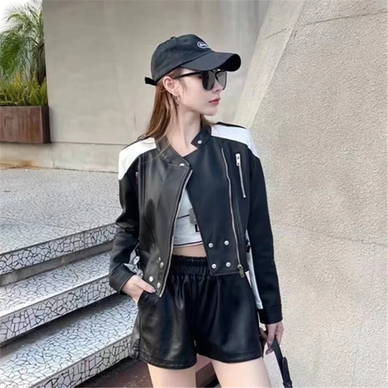 Fashion Patchwork Contrast Color Slim Short Faux PU Leather Coat Stand Collar Long Sleeve Autumn Women Biker Jacket White Black