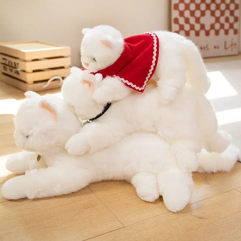 White Persian Cat Like Real Animal Doll Stuffed Fluffy Long Plush Fur Baby Small Kitten Bell Cloak Dressed Pet Plushie for Kids