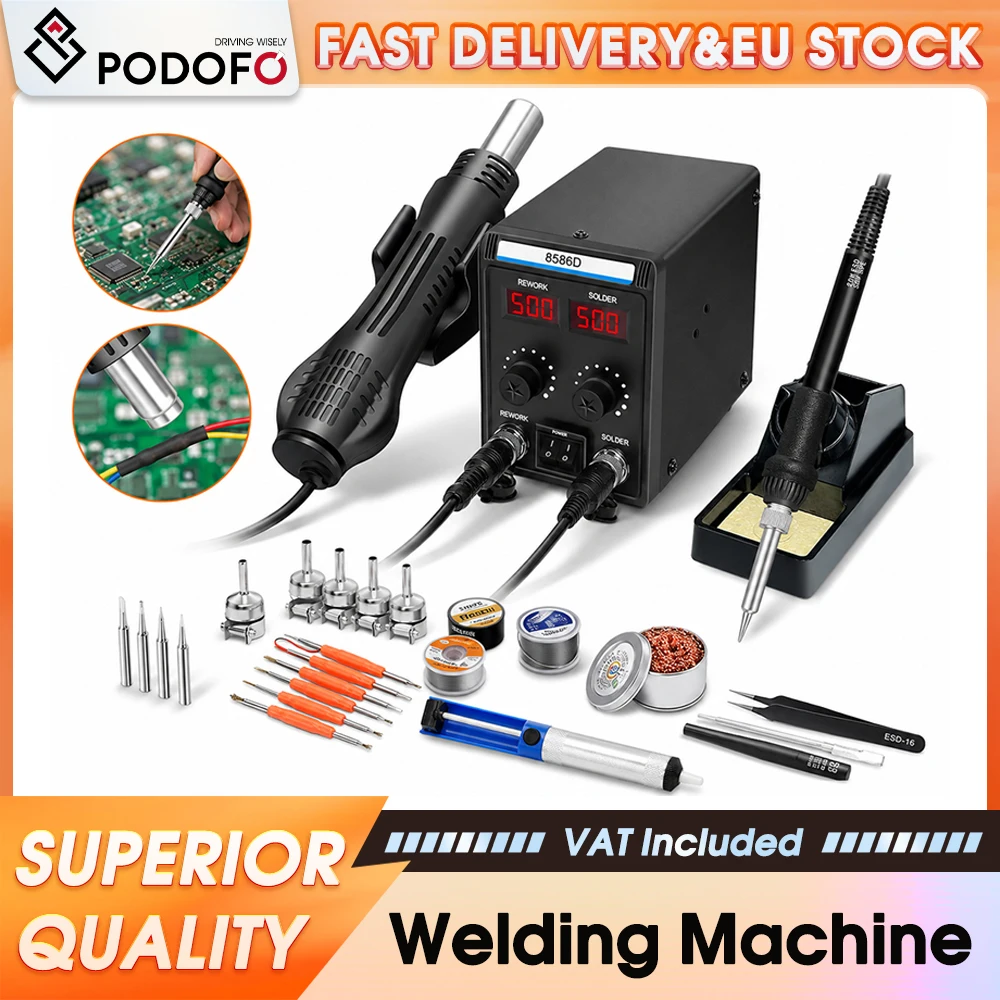 Station de soudage numérique LCD Podofo 700W 2 en 1 réglable 180-500 ℃   Kit combiné pistolet à air chaud et fer à souder, outil de retravaillage à température contrôlée pour la réparation de cartes de circuits imprimés et l'électronique, équipement d'atelier