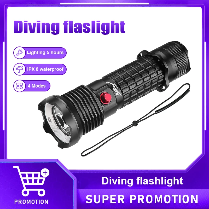 2026 Professional Spearfishing Scuba LED Dive Light Super Bright LED Diving Flashlight Underwater 800M Dive Torch With Hand Rope
