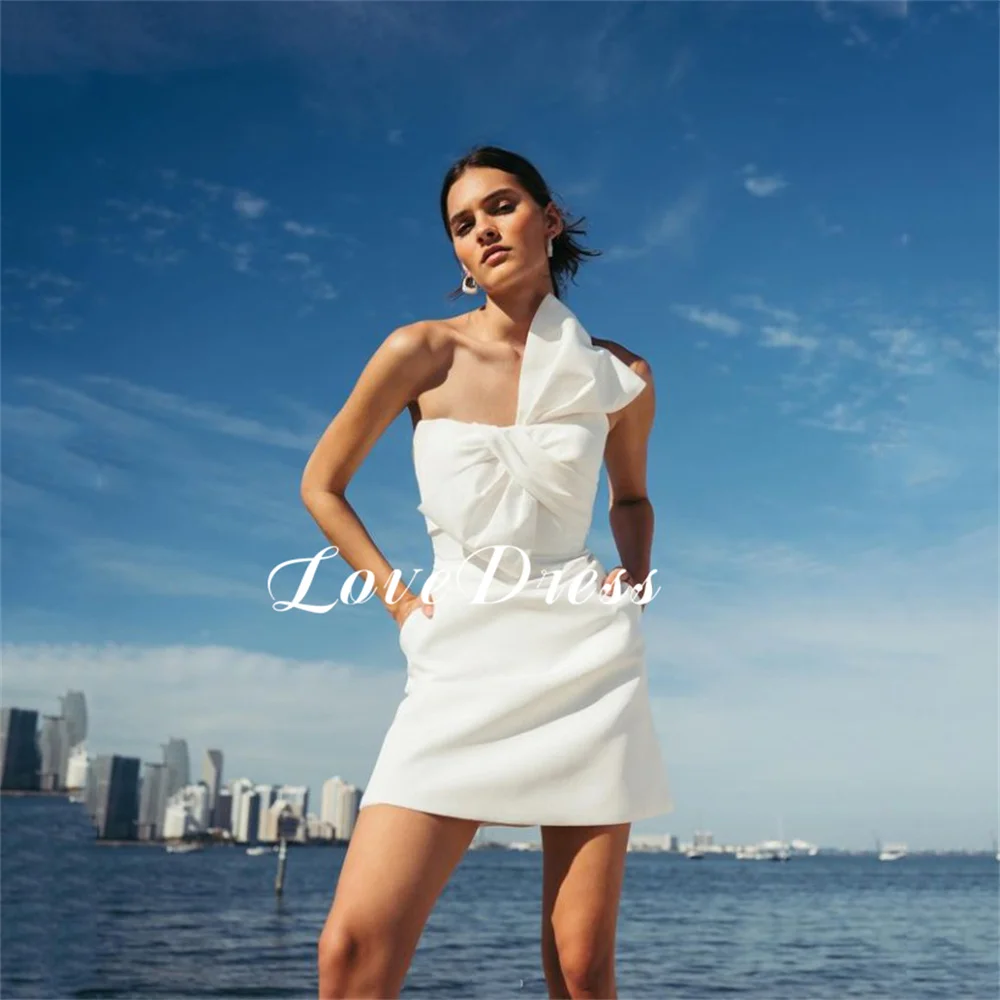 Love Simple Beach Robe de mariée sans bretelles, robe de mariée à nœud court, au-dessus du genou, ligne en fibre, mini robe dos nu, tache