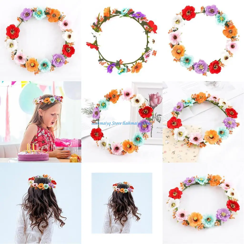 

573B Festival Flower Headwear Adjustable Hair Hoop Multicolored Headbands Crowns Elastic Ribbon for Beach Parties and Wedding