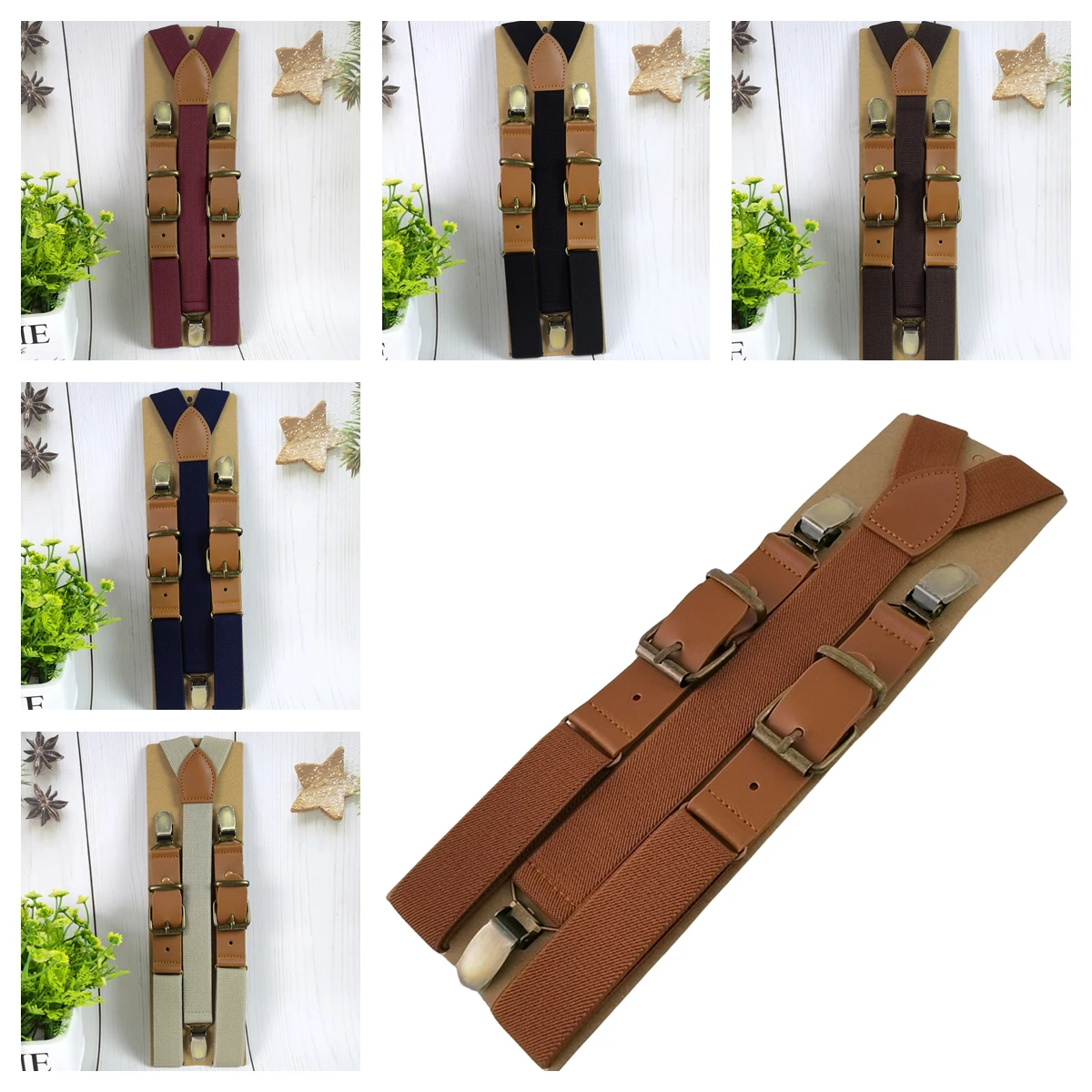 Vintage Style Suspenders British Style 2.5CM Adult Strap Fashion Unisex 3 Clips Leather Suspenders Drawing Process Clips B0812