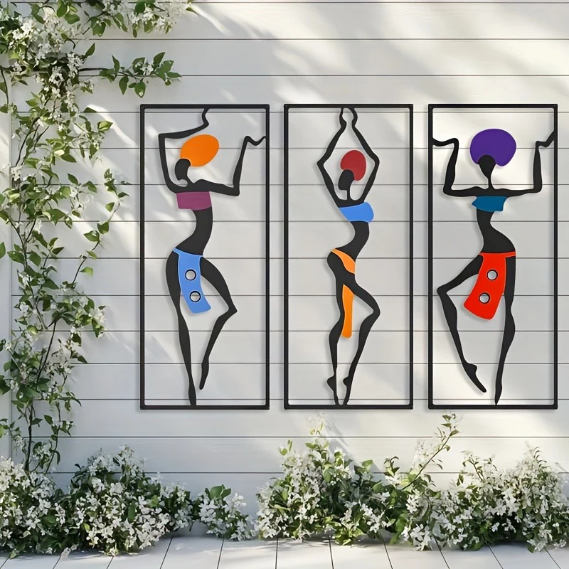 3pcs Metal Modern African Woman Wall Art Sculpture - Abstract Ethnic Dance Statues, Iron Wall-Mountable Indoor/Outdoor Decor