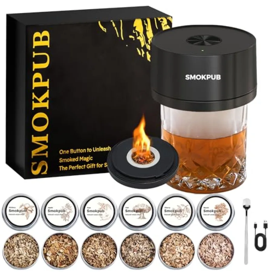 

Electric Whiskey Smoker Kit Rechargeable Cocktail Smoker with 6 Wood Chips Flameless Heating System Old Fashioned Drink Smoker